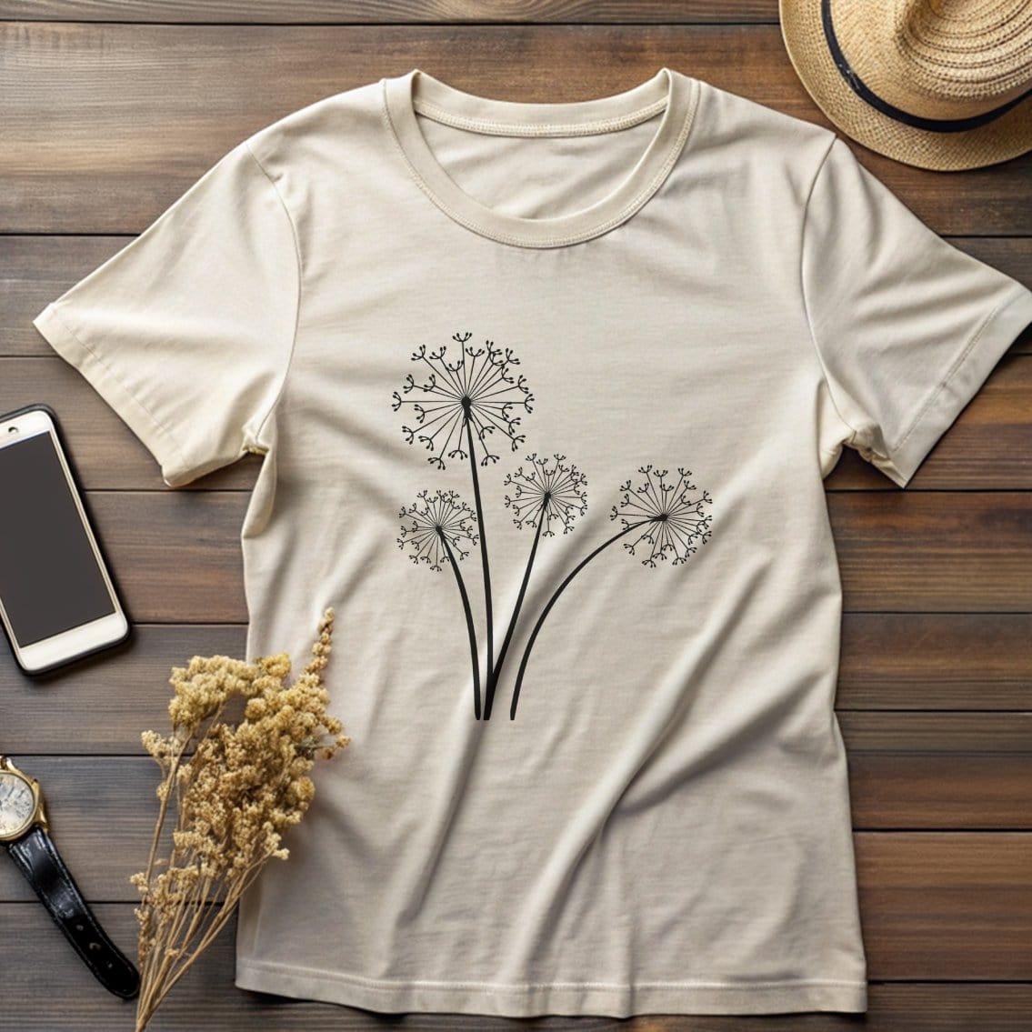 Botanical Dandelion Flower Graphic Design T-Shirt